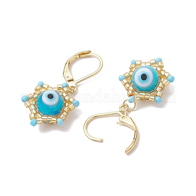 Звезда Давида и сглаза стеклянные бусины ручной работы серьги с застежкой-молнией EJEW-MZ00389-05-1