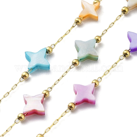 Étoiles de coquillage naturelles colorées et chaînes à maillons perlées en laiton CHS-C008-03G-1