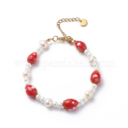 3d lampwork fraise et perle de coquillages bracelet pour femme BJEW-TA00174-1