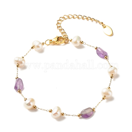 Natural Amethyst & Pearl Beaded Bracelet BJEW-JB08293-03-1