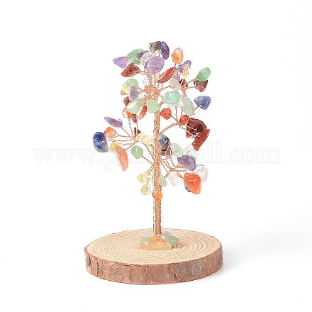 Natürliche Edelsteinsplitter mit messingumwickeltem Geldbaum aus Draht auf Holzsockel als Dekoration DJEW-B007-05A-1