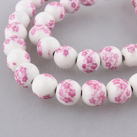 Fleur Plum Blossom porcelaine imprimés perles rondes en céramique brins PORC-O001-8mm-C03-1