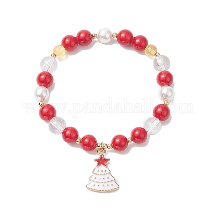 Bracelet extensible à perles rondes en jade mashan et cristal de quartz teint naturel avec breloques d'arbre de Noël en alliage d'émail BJEW-TA00266-1