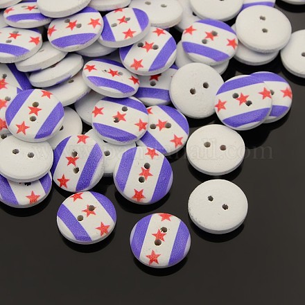 2-Hole Flat Round Star Printed Wooden Sewing Buttons BUTT-M004-13mm-03-1