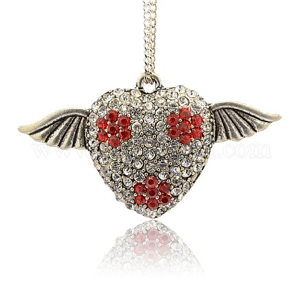 Antique Silver Alloy Rhinestone Hollow Heart Angle Wings Pendants RB-J235-01AS-1