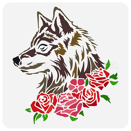 FINGERINSPIRE Wolf Rose Painting Stencil 11.8x11.8inch Reusable Floral Wolf Stencil Plastic Rose Drawing Template Animal Theme Stencil Hollow Out Stencils for Painting on Wood Wall DIY Home Decor DIY-WH0391-0480-1