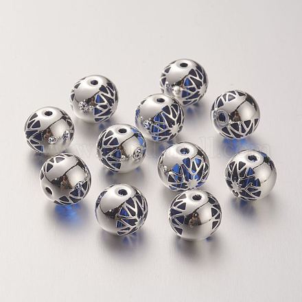 K9ガラスビーズ  真鍮で覆われた  花模様の丸  925銀メッキ  ミディアムブルー  10.2x9.2mm  穴：1.5mm GLAA-G067-04S-05-1