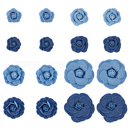 Superfindings 16 pièces tissu fleur bleu denim tissu fleurs 8 style camélia couture fleurs pour vêtements pinces à cheveux décoration bricolage costume accessoires DIY-FH0005-73-1