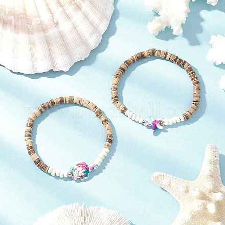 Браслеты из кокосовых бусин с морскими черепахами и морскими звездами BJEW-JB11882-04-1