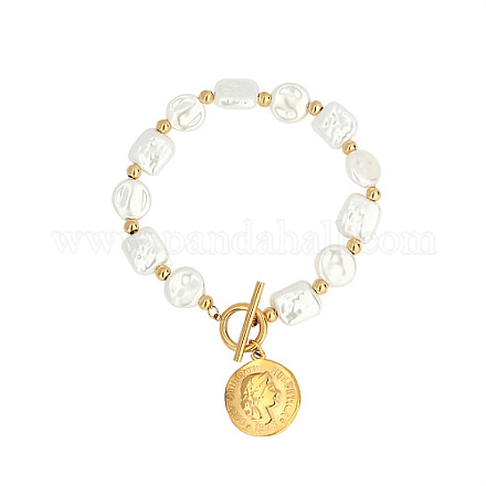 Natural Pearl Rectangle & Flat Round Beaded Bracelet with Stainless Steel Coin Charms SX4591-2-1