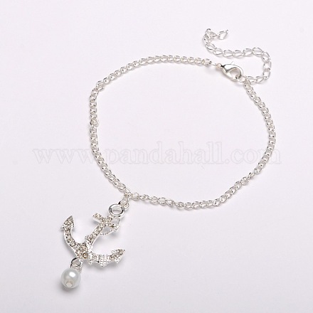 Silver Color Plated Anchor Alloy Grade A Rhinestone Anklets AJEW-AN00022-01-1