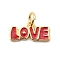 Brass Enamel Charms, Long-Lasting Plated, Lead Free & Cadmium Free, with Jump Ring, Word Love Charm, Real 18K Gold Plated, Rack Plating, FireBrick, 7.5x14x1.5mm, Hole: 3.5mm