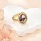 Flower Pattern Brass Enamel & Natural Freshwater Pearl Open Cuff Rings for Women, Golden, Oval, Oval: 19x16.5mm, Inner Diameter: 17mm