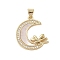 Brass  Micro Pave Clear Cubic Zirconia Pendant, with Shell, Moon, Real 18K Gold Plated, Leaf, 22.5x20.5x2.5mm, Hole: 4x3mm
