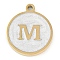 Ion Plating(IP) 201 Stainless Steel Pendants, with White Enamel, Real 18K Gold Plated, Flat Round with Letter, Letter M, 18.5x15.5x2mm, Hole: 1.6mm
