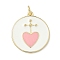 Brass Enamel Pendants, with Jump Ring, Flat Round with Heart Charm, Real 18K Gold Plated, Pink, 21x19x1.5mm, Hole: 3.5mm