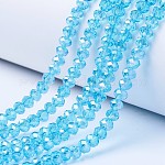 Chapelets de perles en verre électroplaqué, de couleur plaquée ab , facette, rondelle, cyan, 6x5mm, Trou: 1mm, Environ 85~88 pcs/chapelet, 16.1~16.5 pouce (41~42 cm)