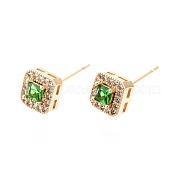 Green Glass Square Stud Earrings with Cubic Zirconia EJEW-G321-08G