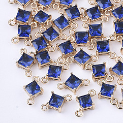 透明ガラスリンクコネクター  真鍮パーツ  多面カット  菱形  ライトゴールド  ミディアムブルー  11x7x4mm  穴：1mm  辺の長さ：5mm