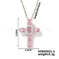 Collar con colgante de cruz religiosa de circonita cúbica pavé de latón, Joyas de estilo occidental para mujeres y hombres., Platino, rosa, 15.75 pulgada (40 cm)