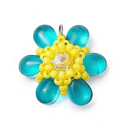 ビーズの花のチャーム  ラインストーンとガラスのシードビーズペンダント  丸カン付き  ミックスカラー  21.5x23x8mm  穴：3mm&nbsp;PALLOY-MZ00438