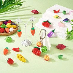28個14スタイル不透明樹脂ペンダント  野菜や果物を模倣する  混合図形  プラチナトーンループ付き  ミックスカラー  15~41x12~30x7.5~17.5mm  穴：1.8~3mm  2個/スタイル&nbsp;RESI-TA0004-19