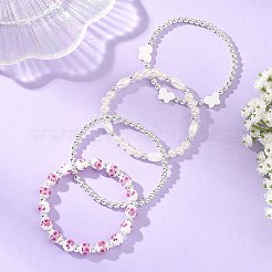 女性用プリント磁器ビーズ、合成ヘマタイトビーズ、シェルビーズ、ABS樹脂パールを使用したストレッチブレスレットセット（4種類）4個  濃いピンク  7.28インチ（18.5cm）  内径：2.17インチ（5.5cm）  蝶：9x12x3mm  1個/スタイル&nbsp;BJEW-JB14203-02