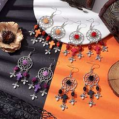 4 par de pendientes colgantes de turquesa sintética de 4 colores con red/red tejida con cruz y calavera&nbsp;EJEW-JE05865