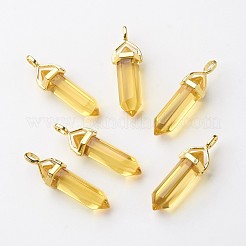 ガラスの尖ったペンダント  合金のパーツと  ゴールドカラー  弾丸  きいろ  37~40x12.5x10mm  穴：3x4.5mm&nbsp;GLAA-G021-A06