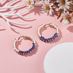 ガラスビーズ編みこみの大きなフープピアス  女性用304ステンレススチールワイヤーラップジュエリー  ゴールドカラー  ブルー  48x48.5x9mm  ピン：1.1x0.6mm&nbsp;EJEW-JE04848-04