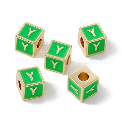 メッキ真鍮エナメルビーズラック  カドミウムフリー＆ニッケルフリー＆鉛フリー  18KGP本金メッキ  文字付きのキューブ  ライムグリーン  文字.y  6x6x6mm  穴：2.5mm&nbsp;KK-B060-04G-02Y