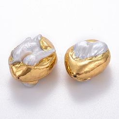 天然バロックパール養殖淡水パールビーズ  真鍮で覆われた  黄金メッキ  30~35x21~25x13~18mm  穴：0.7mm&nbsp;PEAR-E014-07