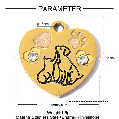 304ステンレススチール製、黒エナメルチャーム付き  クリスタルラインストーン付き  イオンプレーティング（ip）  犬のチャームが付いたハート  鏡面研磨仕上げ  18KGP本金メッキ  14x13mm  穴：1.6mm&nbsp;SA-OY001-96G