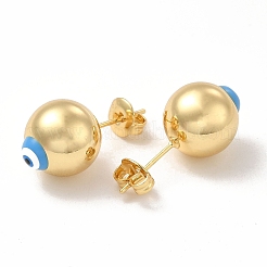 エナメル イービルアイ スタッドピアス  女性のための本物の 18 k ゴールド メッキ真鍮ボール ポスト イヤリング  ディープスカイブルー  12mm  ピン：0.7mm&nbsp;EJEW-E274-01G-04