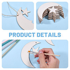 40 сумка 2 стиля луна и звезда незаконченные заготовки деревянные подвески набор для рисования искусства&nbsp;HJEW-CA0001-75