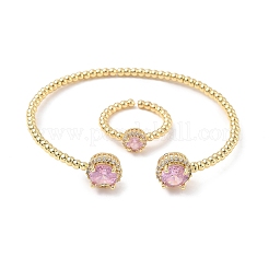 Круглые латунные браслеты-манжеты и кольца с микропаве из кубического циркония для женщин SJEW-R002-01G-06