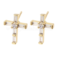 Orecchini a bottone con croce in ottone con micro pavè di zirconi trasparenti&nbsp;EJEW-C186-18G-02