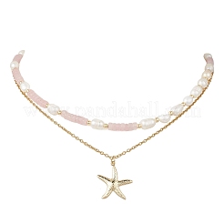 Подвеска в виде морской звезды из двухслойного бисера из натурального розового кварца и риса&nbsp;NJEW-JN05847-03