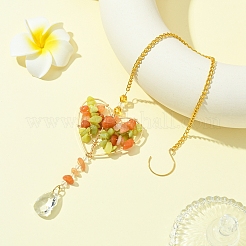 Подвеска в форме сердца из натурального лимонного нефрита и красного авантюрина с проволочной оплеткой и деревом&nbsp;HJEW-FS00020