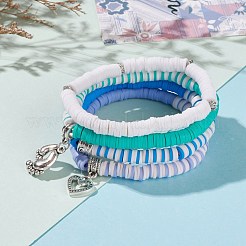 4pcs4スタイルポリマークレイヘイシビーズストレッチブレスレットセット  積み重ね可能なブレスレット  合金のヨーロッパのビーズとペンダントで  足と心  アンティークシルバー  ミックスカラー  内径：2-1/8インチ（5.45cm）  1個/スタイル&nbsp;BJEW-JB05903