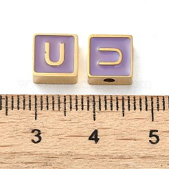 304ステンレススチールエナメルビーズ  14KGP本金メッキ  文字のある正方形  U字  8x8x4mm  穴：2mm&nbsp;STAS-L022-293G-U