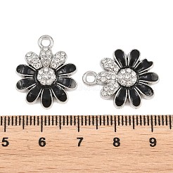 合金製ブラックエナメルペンダント  クリスタルラインストーン付き  花のチャーム  ラックめっき  プラチナ  21.5x17.5x3mm  穴：2mm&nbsp;FIND-C095-04P