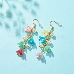 Fleur en plastique avec des chaînes en laiton longues boucles d'oreilles pendantes&nbsp;EJEW-JE04942