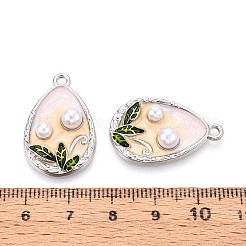 メッキ合金エナメルチャームラック  ティアドロップ＆リーフ  ABSの模造パールと  プラチナ  27x17.5x5.5mm  穴：1.8mm&nbsp;ENAM-N065-13P
