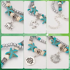 8 шт. набор из двух браслетов на ногу с синтетической бирюзовой морской звездой AJEW-AN0001-03