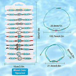 12 шт. 6 стиля окрашенные синтетические бирюзовые плетеные браслеты из бисера с сердцем и сглазом&nbsp;BJEW-WH0020-02