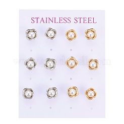 304ステンレススチールスタッドピアス  白いアクリルビーズとピアスキャッチ  花  ミックスカラー  8.5x6mm  ピン：0.7mm  6のペア/カード&nbsp;EJEW-I236-03