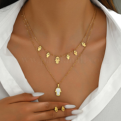 Элегантные винтажные серьги-гвоздики и двухслойные ожерелья из нержавеющей стали со стразами в форме хамсы для женщин QF7163