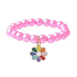 Abs プラスチック模造真珠ビーズ ストレッチ ブレスレット  女性のための合金エナメルチャームブレスレット  花  ショッキングピンク  内径：1-3/4インチ（4.5cm）&nbsp;BJEW-JB11585-03