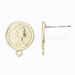 合金製スタッドピアスパーツ  ループとスチールピン付き  クイーンとフラットラウンド  ライトゴールド  16x13.5mm  穴：1.4mm  ピン：0.7mm&nbsp;PALLOY-T064-70LG-RS